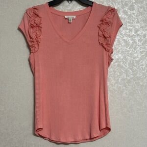 Rio &‎ Rian Salmon Pink Ribbed Texture Knit V-Neck Top Ruffle Short Sleeve Sz M